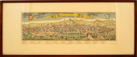 Bologna látképe, színezett mélynyomás, reprint, üvegezett fa keretben, 22x61 cm.