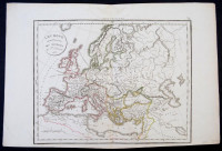 1825 Európa a barbárok betörése előtt. Nagyméretű határszínezett rézmetszetű térkép. / 1825  Map of  Europe before the barbars. Europa avant l'invasian des barbares par Fr. Delamarche. Colored engraving  49x33 cm,