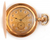 14K arany zsebóra. Omikron svájci szerkezettel, vésett számlappal. Dupla, arany fedéllel. Jelzett, egy apró horpadással d: 4,6 cm Br. 56,64 g