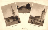 Alsóábrány (Bükkábrány), Református templom, Községháza, Római katolikus templom és a szövetkezet üzlete. Alsó- és Felsőábrányi fogy. szövetkezet saját kiadása (EK)