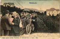 1906 Badacsony, szőlőskert, montázslap urakkal, hölgyekkel és kerékpárossal. Mérei Ignácz kiadása 1905. 273. (lyukak / pinholes)
