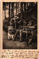 1900 Balatonberény, Fürdőigazgatóság. Friss festés! Humoros képeslap úriember és hölgy a frissen festett padra ültek. Mittag Károly kiadása (EK)