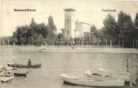 1906 Balatonföldvár, part, csónakázók, villa. Kiadja Gerendai Gyula (EK)