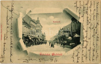 1904 Győr, Baross út, Heckenast György és Kohn P. üzlete, Kővári, Magyary József, Wollner Miksa, Röszler Károly, Sacherl József és Singer varrógép falireklámok