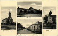 1935 Hajdúböszörmény, Városháza, Hősök szobra, emlékmű, Kálvin téri református templom, Kossuth utca. Kiss Antal kiadása