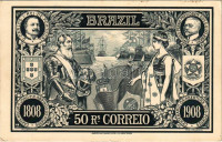 Brazil, 50 Reis Correio, 1808-1908 Centenario da Abertura dos Portos, D. Carlos I. Rei de Portugal, Afonso Penna Presidente dos Estados Unidos do Brazil / 100th Centenary of Opening the Ports, King Carlos I of Portugal, Afonso Penna President of