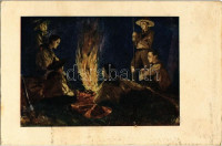 Tábortűznél. Cserkész művészlap. A Magyar Lapvállalat kiadása. Apostol nyomda / Hungarian boy scout art postcard, campfire s: Györgyfy Gy. (ragasztónyom / glue marks)