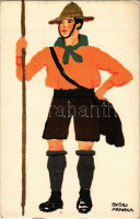 A fáradtságnak fittyet hányok: Diana sósborszeszt használok! Cserkész művészlap / Ungarische Werkstätte / Hungarian boy scout art postcard s: Győri Aranka