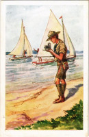 Vízi cserkészek. Rigler József Ede cserkész művészlap 8001. / Hungarian scout art postcard (apró lyuk / tiny pinhole)
