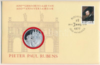 Belgium 1977. 'Peter Paul Rubens' a Postamesterek gondozásában kiadott Ag emlékérem (20g) érmés, bélyeges borítékon, Belgium bélyeggel, elsőnapi bélyegzővel, dán nyelvű ismertetővel, műbőr tokban T:PP Belgium 1977. 'Peter Paul