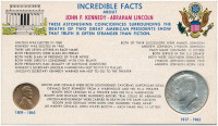 Amerikai Egyesült Államok 1964. 1c Br 'Lincoln' + 1964. 1/2$ Ag 'Kennedy' 'Meghökkentő tények John F. Kennedy-ről és Abraham Lincolnról' díszcsomagolásban T:2,2- patinaUnited States 1964 1 Cent Br 'Lincoln' + 1964. 1/2 Dollar Ag