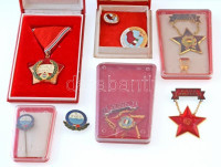 11db-os szocialista kitüntetés, jelvény tétel, több tokkal, közte ~1960-1970. 'A Könnyűipar Kiváló Dolgozója' zománcozott fém jelvény, miniatűrrel, ~1970. 'Vízügyi Törzsgárda 5 éves' zománcozott jelvény T:2,2-