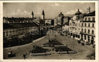 1942 Nagyvárad, Oradea; Bémer tér, Egyesült Bank, Dreher-Haggenmacher Söröző, Havas és Grünfeld, Simon István, Friedmann Hermann, Hollós Pál, Markovits, Nagy Sándor üzlete, villamos, híd, Városháza / square, bank, beer hall, inn,
