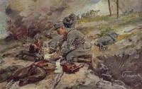 Batterie-Offizier und Chirurg zugleich. Helden des Roten Kreuzes. Offizielle Karte für Rotes Kreuz, Kriegsfürsorgeamt, Kriegshilfsbüro Nr. 632. / WWI Austro-Hungarian K.u.K. military art postcard, battery officer and surgeon, injured soldiers.