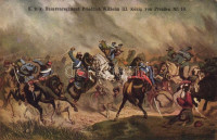 Báró Edelsheim-Gyulai ezredes, mint a 10. huszár ezred parancsnoka áttör ezredjével egy francia, lovas vadász ezreden (Solferino, 1859) / Oberst Baron Edelsheim-Gyulai, Kommandant. K.u.K. Husarenregiment Friedrich Wilhelm III. König von