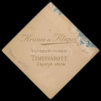 Keményhátú fotó Temesvár, Krauss és Klapor műterméből 6,5x6,5 cm