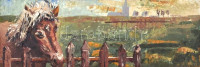 Balikó Ferenc (?-): Csikó (Volendam, Hollandia). Olaj, farost, jelzett, fa keretben, hátoldalán feliratozott, 22×65 cm / Ferenc Balikó (?-): Horse (Volendam, Netherlands). Oil on wood, signed, framed, with description on the back 22×65 cm