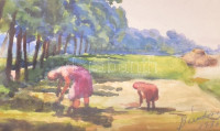 Bárdossy Z 1934 jelzéssel: Nyári munka. Akvarell, papír. Üvegezett fa keretben. 21x29 cm