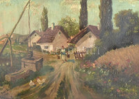 Barsi B jelzéssel: Faluvége. Olaj, karton. Sérült fa keretben. 50x70 cm.