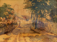 Bereczk K jelzéssel: Utca hölggyel. Akvarell, papír, foltos. Régi historizáló stílusú, sérült üvegezett keretben. 18×24 cm