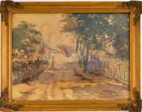 Bereczk K jelzéssel: Utca hölggyel. Akvarell, papír, foltos. Régi historizáló stílusú, sérült üvegezett keretben. 18×24 cm