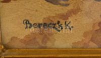 Bereczk K jelzéssel: Utca hölggyel. Akvarell, papír, foltos. Régi historizáló stílusú, sérült üvegezett keretben. 18×24 cm