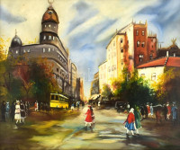Berkes A jelzéssel: Nagyvárosi forgatag. Olaj, karton.  Kopott fa keretben. 41x49 cm