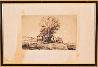 Boldizsár István (1897-1984): Tanya. Rézkarc, papír, jelzett, foltos, üvegezett keretben, 19×29 cm