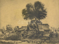 Boldizsár István (1897-1984): Nagybánya. Rézkarc, papír, jelzett, üvegezett fa keretben, lap széle kissé foltos, üveg bal sarkában törött, 14x19,5 cm