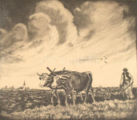 Conrád Gyula (1877-1959): Szántó (Ploughman). Rézkarc, papír, jelzett, felső sarkaiban vágott. 26×32 cm