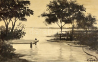 Csókos jelzéssel: Balaton. Tus, papír, foltos. Régi üvegezett keretben. 9×14 cm