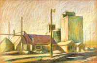 Katymári Krizsán Antal (1916-?): Épületek a Duna partján (Baja?), 1973. Olajpasztell, papír. Jelzett a hátoldalán. Hátoldali címke szerint kiállítva 1979-ben Baján és Zomborban. Üvegezett fa keretben. 34x46,5 cm.