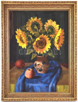 Schey Ferenc (1925-1997): Virágcsendélet. Olaj, farost, jelzett. Díszes, neoreneszánsz stílusú fa keretben, 80×60 cm
