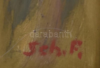 Schey Ferenc (1925-1997): Virágcsendélet. Olaj, farost, jelzett. Díszes, neoreneszánsz stílusú fa keretben, 80×60 cm