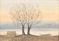 Olvashatatlan jelzéssel: Naplemente a folyóparton. Olaj, farost. Fa keretben, 25x35 cm.
