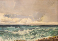 Jelzés nélkül: Tengerparton. Olaj, farost. Fa keretben. 51x72 cm