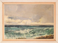 Jelzés nélkül: Tengerparton. Olaj, farost. Fa keretben. 51x72 cm