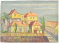 Jelzés nélkül, szentendrei iskola: Házak a dombon. Olaj, vászon, kartonra kasírozva. 34x47 cm