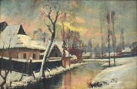 Jelzés nélkül: Behavazott táj. Olaj, karton. Díszes fa keretben 59x77 cm
