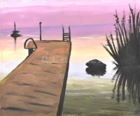 Jelzés nélkül: Balatoni naplemente. Olaj, vászon, 40×50 cm