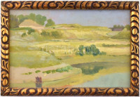 Jelzés nélkül: Napfényes táj. Olaj, karton. Fa keretben, 16x25 cm