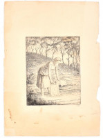 Jelzés nélkül: Mosás a patakparton. Rézkarc, papír, lap sérült és hiányos, rézkarc ép, 22x17 cm