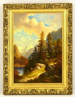 Jelzés nélkül: Alpesi táj túrázóval. Olaj, vászon. Jó keretben. 45x32 cm