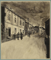 Jelzés nélkül: Utcarészlet. Lavírozott tus, papír, 17×14 cm