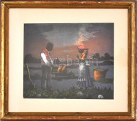 Jelzés nélkül: Holdfényben. Selyemre festett, üvegezett keretben, paszpartuban, kopottas aranyozott fa keretben, 20×22,5 cm