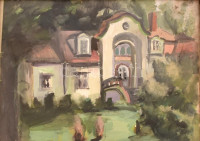 Jelzés nélkül: Villa kerttel. Akvarell, papír. Lap jobb oldala foltos. Kopott üvegezett fa keretben. 28×36,5 cm