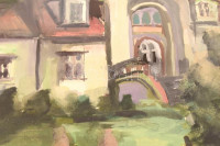 Jelzés nélkül: Villa kerttel. Akvarell, papír. Lap jobb oldala foltos. Kopott üvegezett fa keretben. 28×36,5 cm