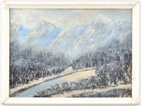 Jelzés nélkül: Havas táj. Olaj, karton, hullámos, fa keretben, 21×29 cm