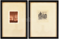 Olvashatatlan jelzéssel, 2 db vásroi látkép híddal. Rézkarc, papír, számozott. Üvegezett fa keretben. 5x4,5 és 6,5x4,5 cm