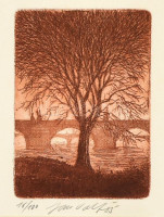 Olvashatatlan jelzéssel, 2 db vásroi látkép híddal. Rézkarc, papír, számozott. Üvegezett fa keretben. 5x4,5 és 6,5x4,5 cm